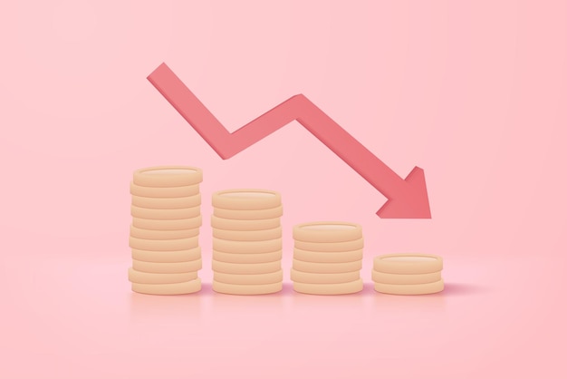 3d-stapel von silbermünzen und roten pfeilen, die in den keller stürzen das konzept des scheiterns von unternehmen eines stapels von münzen 3d-geld-vektordarstellung für finanzen vorsicht investitionsgeldeinbruch illustrationskonzept