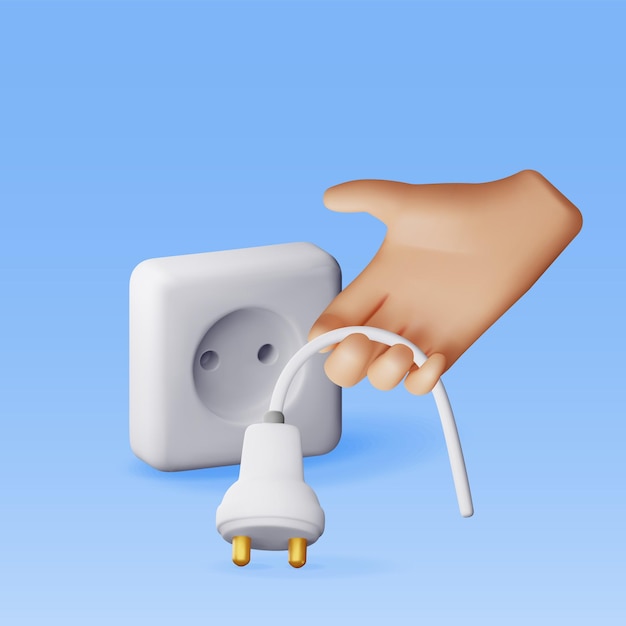 3D-Stromstecker in der Hand und Steckdose