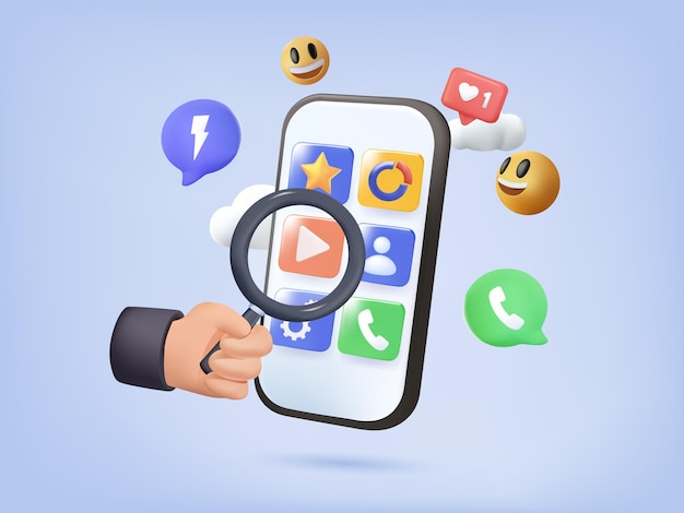 3d-suche mit sozialen symbolen im hintergrund hand im smartphone mit app-ikonen