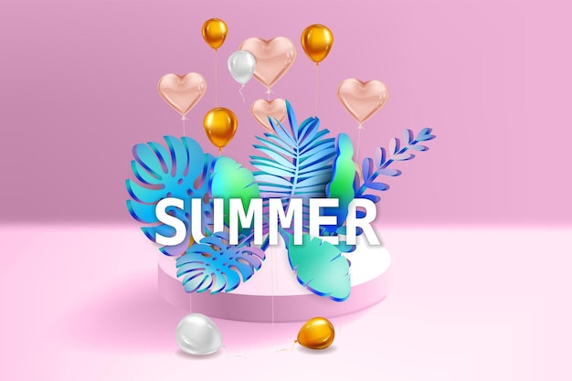 3D Tropical Leaves Scene Podium mit Text Summer Balloons Gold und weißer botanischer Hintergrund