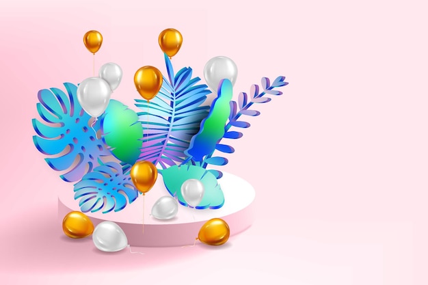 3D tropische Blätter Szene Podium botanischen Hintergrund rendern Vektor Laub Sockel Bühne