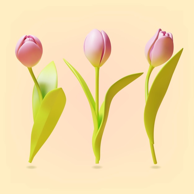 3D-Tulpenblumen-Set aus Plastik im Zeichentrickfilm-Stil Vektor
