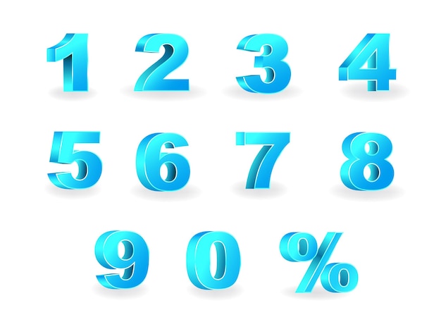 3D-Vektor 0, 1, 2, 3, 4, 5, 6, 7, 8, 9 Ziffernalphabet in blauer Farbe. Zahlensymbol mit Prozent.