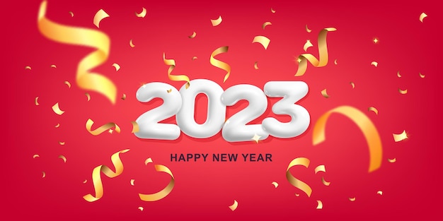 3D-Vektor 2023 Urlaub roter Hintergrund Gold verdrehte Weihnachtsdekoration fliegendes Konfetti-Banner
