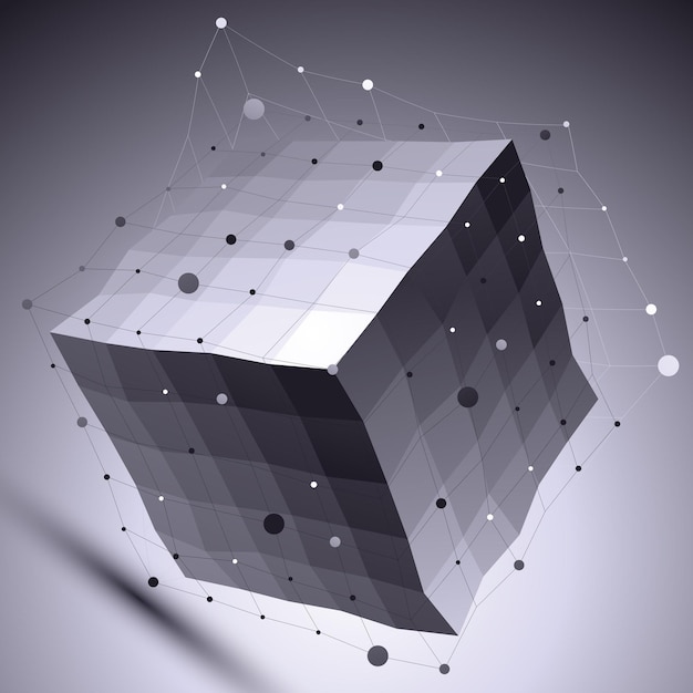 3D-Vektor-abstrakte technologische Illustration, perspektivischer geometrischer ungewöhnlicher Hintergrund mit Drahtrahmen. Kontrast dunkler Hintergrund mit welligem Würfel und verbundenen Linien und Punkten.