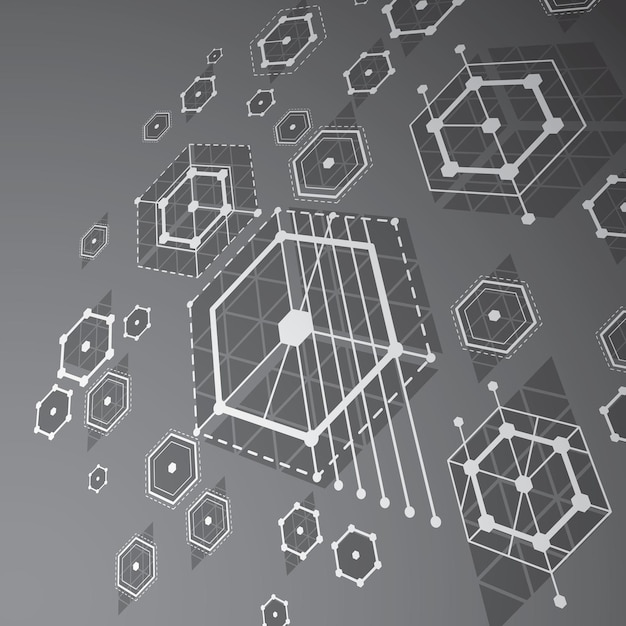 3D-Vektor abstrakter Graustufenhintergrund im Bauhaus-Retro-Stil. Dimensionale moderne geometrische Kompositionen können als Vorlagen und Layouts verwendet werden.