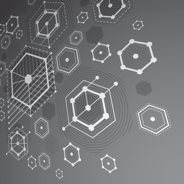 3D-Vektor Bauhaus abstrakter grauer Hintergrund mit Gitter und überlappenden einfachen geometrischen Elementen, Sechsecken und Linien. Kunstwerk im Retro-Stil, grafische Vorlage für Werbeplakate.