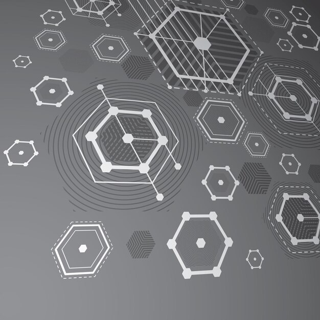 3D-Vektor Bauhaus abstrakter grauer Hintergrund mit Gitter und überlappenden einfachen geometrischen Elementen, Sechsecken und Linien. Kunstwerk im Retro-Stil, grafische Vorlage für Werbeplakate.