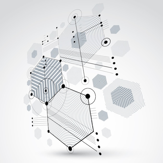 Vektor 3d-vektor bauhaus abstrakter hintergrund mit gitter und überlappenden geometrischen elementen, kreisen und waben. retro-grafik, monochrome grafikvorlage im technologiestil für werbeplakate.