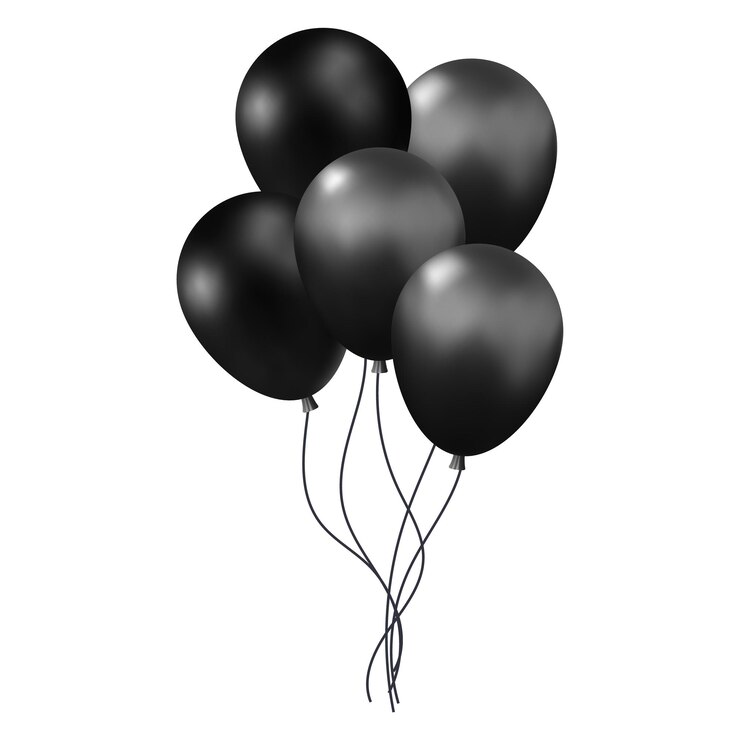 3D-Vektor-Cartoon-Plastik rendern Haufen moderner schwarzer Luftballons Festliche Feiertagsveranstaltung zum Geburtstag