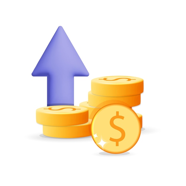3D-Vektor-Cartoon-Render-Stack Gold-Dollar-Münzen Pfeil nach oben Kosten steigende Symbol Gewinn Zinserhöhung