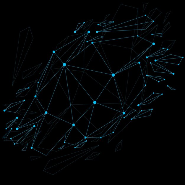 3D-Vektor digitales Wireframe-Objekt, das in verschiedene Partikel und Brechungen zerlegt ist, geometrische polygonale Struktur mit blauen Linienmaschen. Low-Poly-Shattered-Form mit Leuchteffekt.