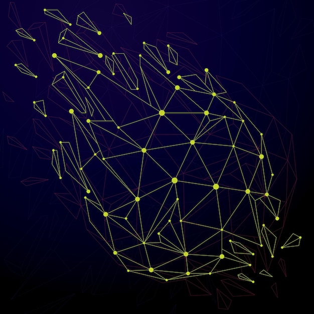 3D-Vektor-Drahtgitter-Kugelobjekt, zerlegt in verschiedene Partikel und Brechungen, geometrische polygonale Struktur mit Linienmasche. Low-Poly-zerbrochene Form, Cyberspace-Gitterform.