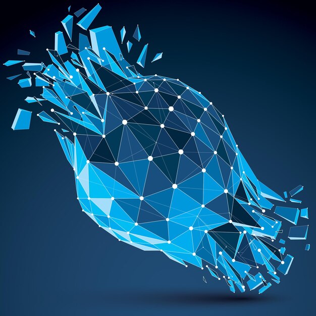 3D-Vektor-Drahtmodell-Kugelobjekt, zerlegt in verschiedene Partikel und Fragmente, geometrische polygonale Struktur mit weißen Linienmaschen. Low Poly klare blaue zerbrochene Form, Gitterform.