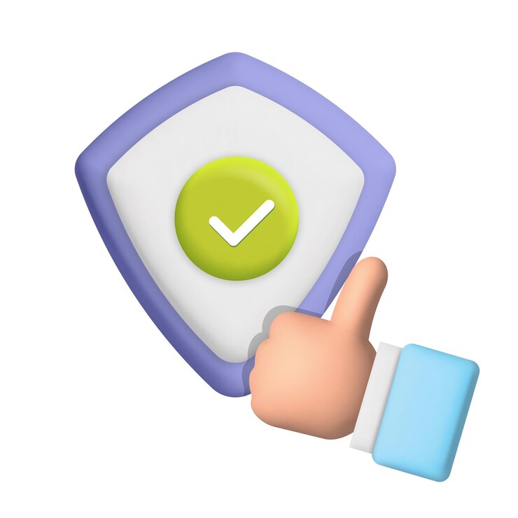 3D-Vektor-Hand Daumen nach oben Geste mit Sicherheitsschild. Sicherheitsgarantie Sicherheit top bewertet, Feedback