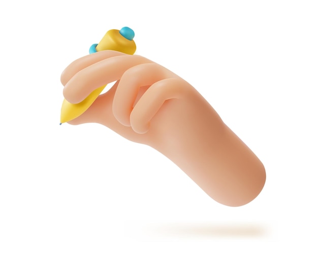3D-Vektor im Cartoon-Stil, bei dem die menschliche Hand den Stift hält