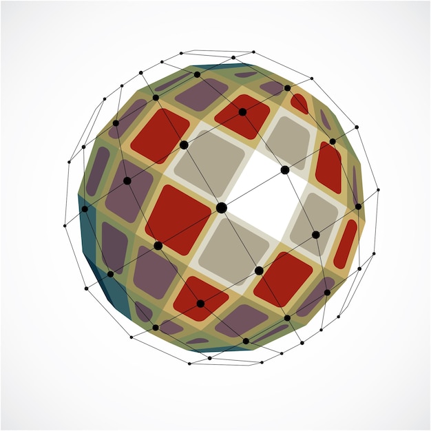 Vektor 3d-vektor low-poly-kugelobjekt mit schwarzen verbundenen linien und punkten, geometrische bunte drahtgitterform. perspektivische facettenkugel, die mit quadraten erstellt wurde.