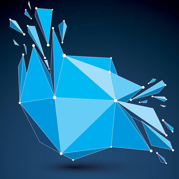 3D-Vektor-Low-Poly-Transformationsobjekt mit verbundenen schwarzen und weißen Linien und Punkten, blaue geometrische Drahtgitterform mit Brüchen. Asymmetrische Perspektive zerbrochene Form.