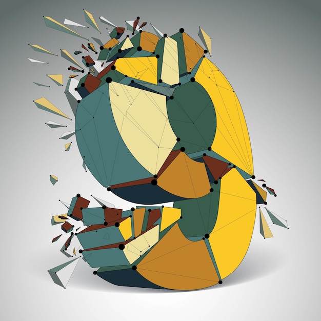 3D-Vektor-Low-Poly-Zahl 9 mit schwarzen verbundenen Linien und Punkten, geometrischer Wireframe-bunte Schriftart mit Fragmenten. Perspektive zerschmetterte Ziffer mit Faden.