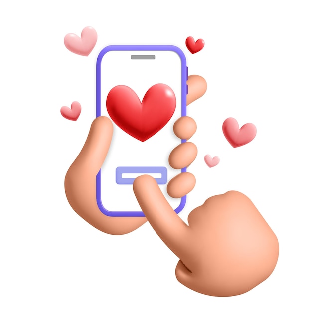 Vektor 3d-vektor menschliche hände halten smartphone senden liebe herzform emoji für valentinstag template-design