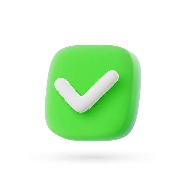3D-Vektor-Quadrat-grünes Kontrollzeichen-Symbol im Cartoon-Minimal-Stil