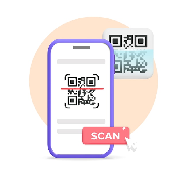 Vektor 3d-vektor scannen und mit qr-code mit app auf mobiler smartphone-service-banner-illustration bezahlen