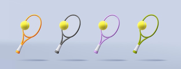 Vektor 3d-vektor-tennisschläger mit ball-set in verschiedenen farben illustration render-stil digital