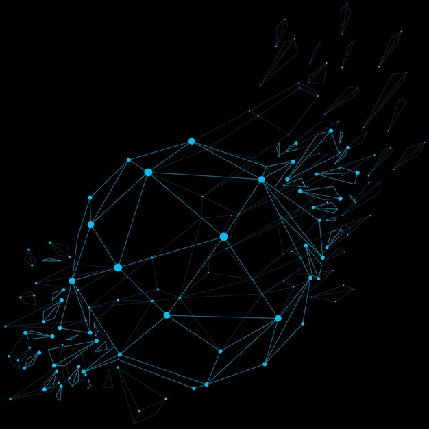 3D-Vektordrahtgitterobjekt, das in verschiedene dreieckige Partikel zerlegt ist, geometrische polygonale Struktur mit blauen Linienmaschen. Kybernetische Low-Poly-Form mit Leuchteffekt. Kunst der digitalen Technologie.