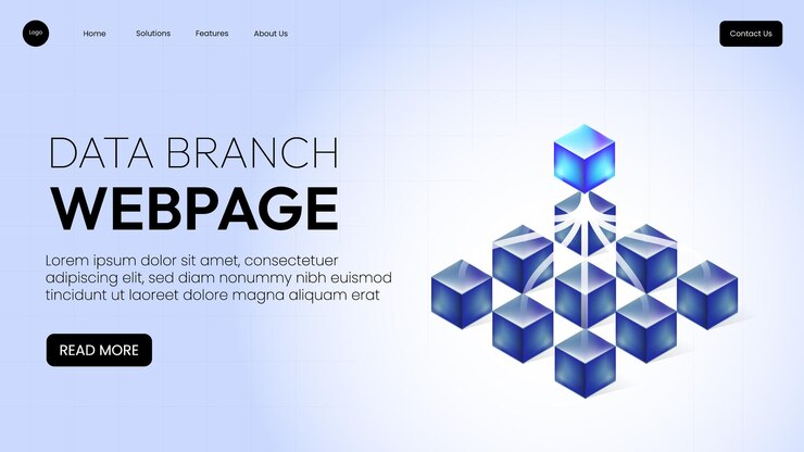 3D-Vektorglänzende Würfel Datenzweig auf hellem Hintergrund Landing Page Template Design