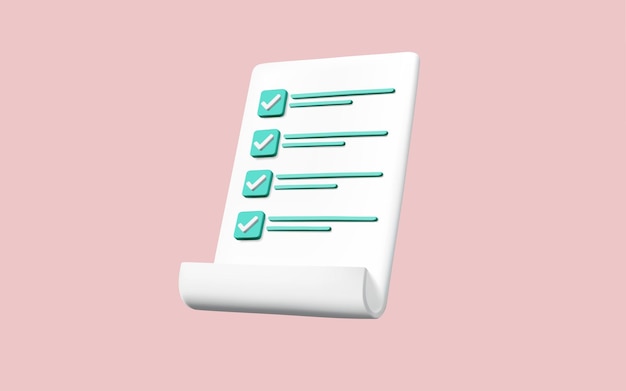 3d-Vektorillustration des Checklisten-Symbols auf rosa Hintergrund Wirtschaft und Bildung Umfrage Prüfungsformular Planung und Organisation der Arbeit Projektplan Dokument mit Anmerkungen Todo Checkliste