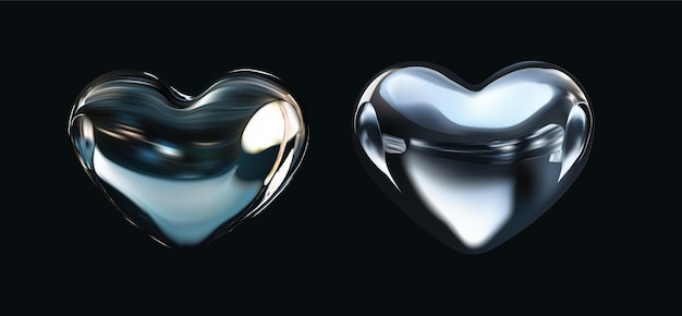 3D-Vektorillustrationen von glänzenden metallischen Herzen mit reflektierenden Oberflächen, perfekt für moderne und futuristische Designs Isolierte abstrakte Elemente im Y2K-Stil