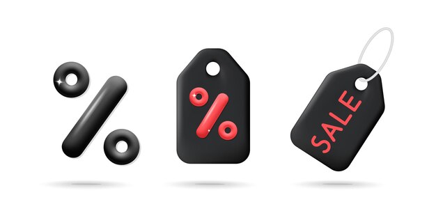 3D-Vektorsammlung von schwarzen und roten Shopping-Rabattetiketten für Black Friday und Cyber Monday