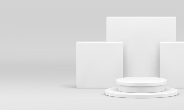 3D-Weiß-Podium-Display-Mockup für kosmetische Produkte zeigt realistische Vektorillustration