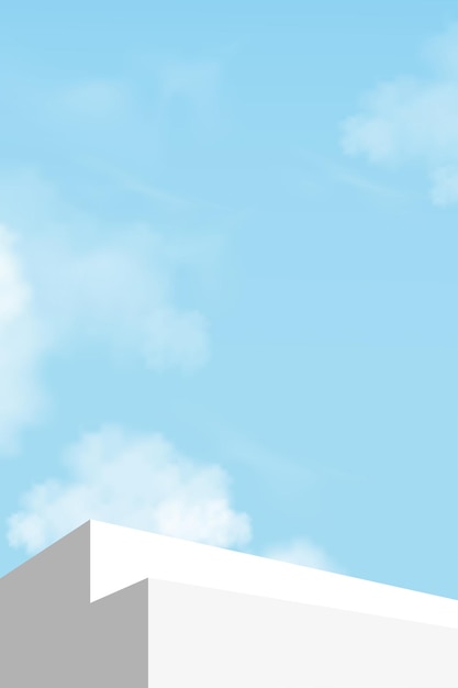 Vektor 3d-weiße und graue podiumsstufe mit blauem himmel mit wolkenhintergrundvektorillustrationsbanner mit bühnenschaufenster oder treppenmodell minimales design hintergrund für kosmetische produkte im frühling und sommer