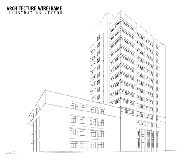 Vektor 3d-wireframe der gebäudeskizze vektor