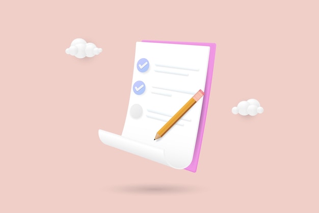 3D-Zwischenablage und Bleistift-Notizblock-Symbol Checkliste für die Aufgabenverwaltung der Zwischenablage Projektplan Fortschritt Level Up-Konzept 3D-Vektorillustration