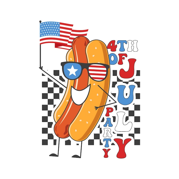 4. Juli-Typografie-Design mit Zitat 4. Juli-Party und Hot Dog mit Flagge US-Unabhängigkeitstag Cliparts 4. Juli Kalligraphie-Schriftkomposition Vektor-Emblem für T-Shirt isoliert