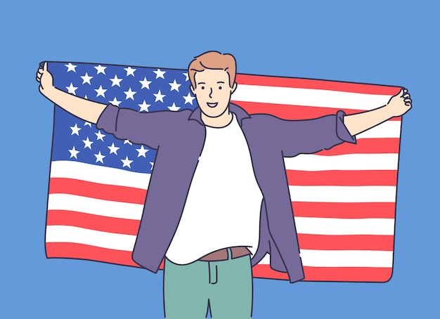 Vektor 4. juli unabhängigkeitstag freiheitsdemokratie junger aufgeregter glücklicher mann hält eine große usa-flagge und feiert flache vektorillustration