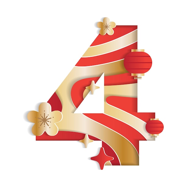 4 numerische zahl chinese new year font letter flower laterne gold red 3d paper layer cutout card