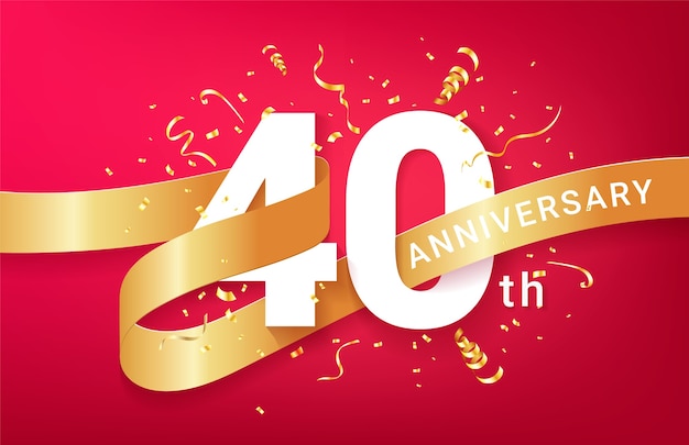 40 Jahre Jubiläumsfeier Banner Vorlage. Große Zahlen mit funkelnden goldenen Konfetti und glitzerndem Band.