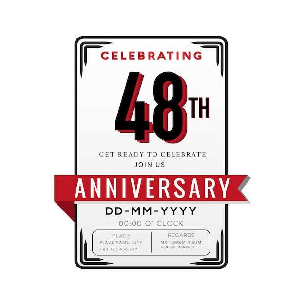 48 jahre jubiläum logo feier und einladungskarte mit rotem band isoliert.