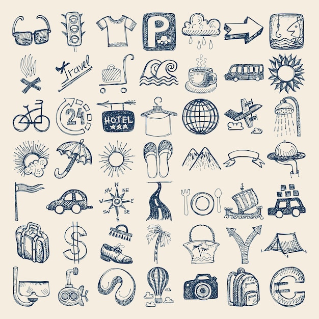 49 handzeichnung doodle icon set reisethema