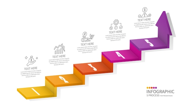 Vektor 5 balkendiagramm-treppe 3d-stil und ikonen für ihre geschäftsberichte und finanzdatenpräsentation