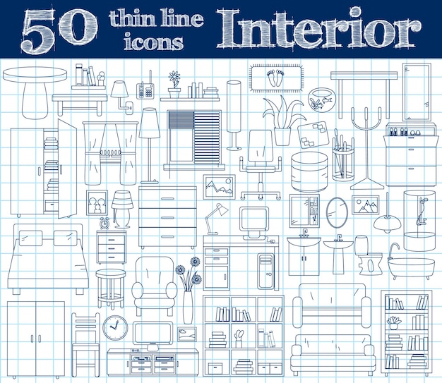 Vektor 50 symbole für das innere dünnlinien-set in blauen farben auf dem notebook vektorillustration