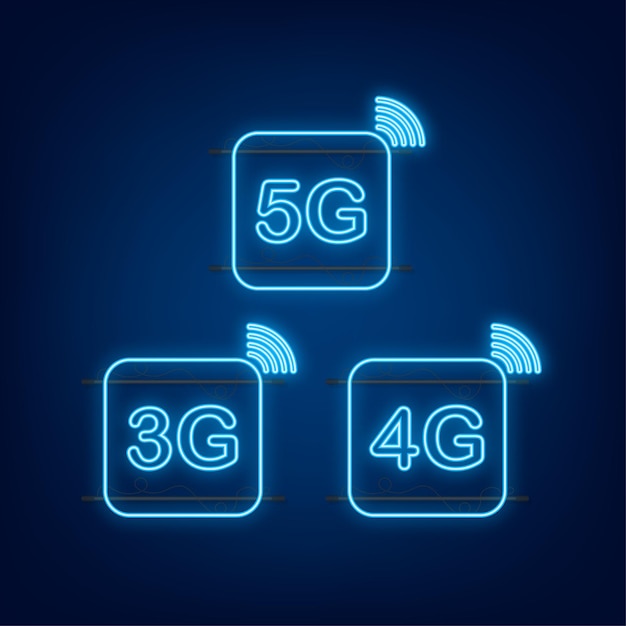 Vektor 5g, 4g, 3g neon-symbolsatz einzeln auf hintergrund, mobilfunktechnologie und smartphone-netzwerk. vektorgrafik auf lager.