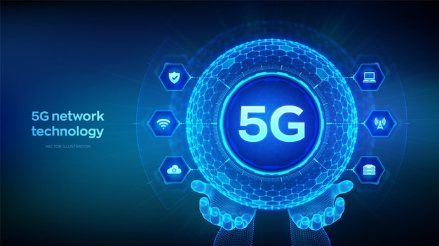 5G-Netzwerk drahtlose Systeme Internet der Dinge Technologie Konzept Kugel mit sechseckigem Rastermuster