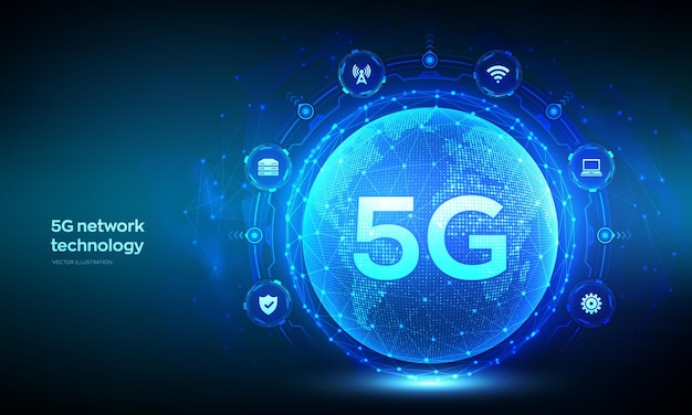 5G-Netzwerk drahtlose Systeme und Internet der Dinge Technologie Konzept Intelligente Stadt und Kommunikationsnetz 5G drahtlose mobile Internet Wi-Fi-Verbindung Erdplanet Vektor Illustration