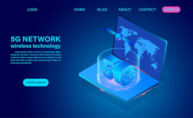 5g-netzwerkkommunikation auf dem computer. isometrische flache entwurfsillustration