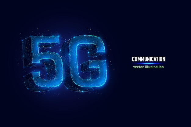 5g-zeichen der mobilfunktechnologie digitales drahtgitter aus verbundenen punkten. symbol der high-speed-netzwerkverbindung low-poly-vektor-illustration auf blauem hintergrund.