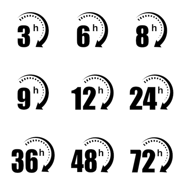 6, 8, 9, 12, 24, 36, 48 stunden pfeilsymbole. symbole der verbleibenden zeit für online-angebote.